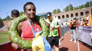 epa12146934 Shewarge Alene from Ethiopia reacts after winning the women's Stockholm marathon, Sweden, 31 May 2025.  EPA/Fredrik Persson/TT SWEDEN OUT SWEDEN OUT