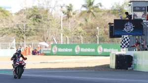 epa12786562 Italian MotoGP rider Marco Bezzecchi of Aprilia Racing celebrates after winning the MotoGP race of the Motorcycling Grand Prix of Thailand at Chang International Circuit, Buriram province, Thailand, 01 March 2026.  EPA/RUNGROJ YONGRIT