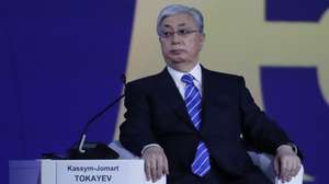 epa10018420 Kazakh President Kassym-Jomart Tokayev attends a plenary session of the St. Petersburg International Economic Forum (SPIEF) in St. Petersburg, Russia, 17 June 2022. The 25th St.Petersburg International Economic Forum runs from 15 to 18 June 2022.  EPA/ANATOLY MALTSEV