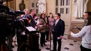 epa11957378 US House Speaker Mike Johnson speaks to the media following a vote on the House floor at the US Capitol, in Washington, DC, USA, 11 March 2025. The vote secured the passage of a  continuous resolution on government funding by 217 to 213 votes, as the bill will now pass to the Senate to vote on before the deadline of 14 March before a shutdown of the US government.  EPA/WILL OLIVER