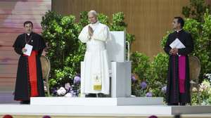 epa13022726 Pope Leo XIV (C) accompanied by the Archbishop of Madrid, Cardinal Jose Cobo (L), presides over the event entitled 'Building Networks with the World of Culture, Education, Business and Sport' at the Movistar Arena in Madrid, Spain, 07 June 2026. Pope Leo XIV is undertaking an official six-day visit to Spain from 06 to 12 June 2026, covering Madrid, Barcelona, and the Canary Islands.  EPA/KIKO HUESCA