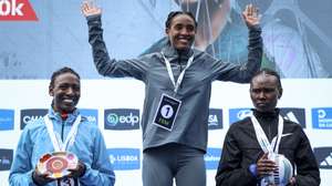 The podium of Women's Lisbon Half Marathon first place Tsigie Gebreselama (C), second place Ruth Chepngetich (R), and third place Abeba Aregawi (L), in Lisbon, Portugal, 09 March 2025. FILIPE AMORIM/LUSA