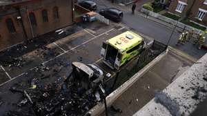 epa12843336 The burnt remains of a Jewish ambulance service in London, Britain, 23 March 2026. The Met police are currently looking for three suspects after a Jewish ambulance service was destroyed by arson in the early hours of 23 March 2026. The police are treating the attack as anti-semitic.  EPA/ANDY RAIN