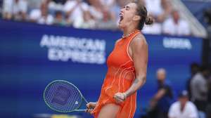 epa13223100 Aryna Sabalenka of Belarus celebrates after winning against Linda Noskova of Czechia during the Women Singles Quarterfinals match of the US Open Tennis Championships in Flushing Meadows, New York, USA, 08 September 2026.  EPA/SARAH YENESEL