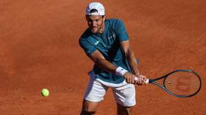 epa10562053 Joao Sousa from Portugal in action with  Dominic Thiem from Austria during their doubles match against Gonzalo Escobar from Ecuador and Fabien Reboul from France at the Estoril Open Tennis tournament in Estoril, on the outskirts of Lisbon, Portugal, 06 April 2023.  EPA/MIGUEL A. LOPES