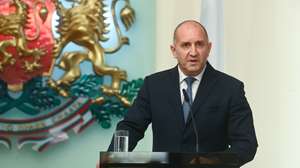 epa12080083 Bulgarian President Rumen Radev speaks during a press conference with Polish President Andrzej Duda following their meeting in Sofia, Bulgaria, 07 May 2025. Polish President Duda is on an official visit to Bulgaria.  EPA/PIOTR NOWAK POLAND OUT