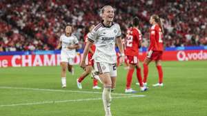 Bayern Munich player Franziska Kett celebrates after scoring a goal against Benfica during the UEFA Women's Champions League soccer match held at Luz stadium in Lisbon, Portugal, 30 September 2026. MIGUEL A. LOPES/LUSA