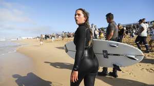 Portuguese surfer Francisca Veselko finish her heat on the quarterfinals competition on Meo Rip Curl Pro Portugal surfing event as part of the World Surf League (WSL) World Tour at Supertubos beach in Peniche, Portugal, 17 October 2026. PAULO CUNHA/LUSA