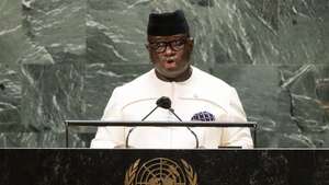 epa09482127 Sierra Leone's President Julius Maada Bio addresses the General Debate of the 76th Session of the United Nations General Assembly in New York, New York, USA, 22 September 2021.  EPA/JUSTIN LANE