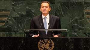 epa13260739 Portugal's Prime Minister Luis Montenegro speaks during the General Debate of the 81st session of the United Nations General Assembly (UNGA) at United Nations Headquarters in New York, New York, USA, 24 September 2026.  EPA/LEV RADIN