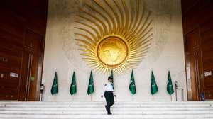 epa11898103 A security guard walks in the lobby of the African Union headquarters during the 38th Ordinary Session of the Assembly of Heads of State and Government of the African Union in Addis Ababa, Ethiopia, 15 February 2025. The conference will proceed with the election of the AU's new chairman at a time of escalation of the conflict in the eastern region of the Democratic Republic of Congo.  EPA/MINASSE WONDU HAILU