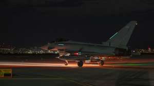 epa12624492 A handout photo made available by the Royal Air Force (RAF) on 03 January 2025 shows a Royal Air Force Typhoon aircraft preparing to take off at an undisclosed location in the Middle East. RAF Typhoon FGR4s, supported by a Voyager refuelling tanker, joined French aircraft in a joint strike; the aircraft used Paveway IV guided bombs to target a number of access tunnels down to an underground facility near Palmyra in Syria, against the Daesh group on 03 January 2026.  EPA/SGT LEE GODDARD HANDOUT HANDOUT EDITORIAL USE ONLY/NO SALES