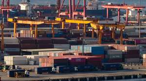 epa12046204 Shipping containers are being moved at the port in Keelung city, Taiwan, 22 April 2025. In March 2025, Taiwan's export orders rose 12.5 percent year-on-year to 53.04 billion US dollars, falling short of the expected 15.25 percent increase.  EPA/RITCHIE B. TONGO