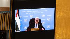 epa13259829 President of the State of Palestine Mahmoud Abbas appears on a screen as he speaks during a virtual address, since the US State Department refused to issue visas for the Palestinian delegation, during the General Debate of the 81st session of the United Nations General Assembly (UNGA) at United Nations Headquarters in New York, New York, USA, 24 September 2026.  EPA/LEV RADIN