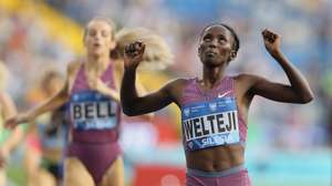 epa11564566 Diribe Welteji of Ethiopia celebrates winning the women's 1500m event during the Diamond League atletics meeting - Kamila Skolimowska Memorial, at the Silesian Stadium in Chorzow, southern Poland, 25 August 2024.  EPA/Jarek Praszkiewicz POLAND OUT