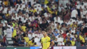 epa11266553 Cristiano Ronaldo of Al-Nassr reacts during the semifinal soccer match of the Saudi Super Cup between Al-Hilal and Al-Nassr in Abu Dhabi, United Arab Emirates, 08 April 2024.  EPA/ALI HAIDER