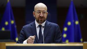 epa08950771 European Council President Charles Michel addresses European lawmakers during a plenary session on the inauguration of the new President of the United States and the current political situation, at the European Parliament in Brussels, Belgium, 20 January 2021.  EPA/FRANCISCO SECO / POOL