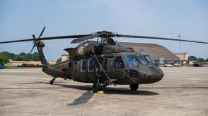 epa12172257 A Sikorsky UH-60 Black Hawk ahead of the US Army's 250th Anniversary Parade at Joint Base Andrews, Maryland, USA, 12 June 2025. US President Donald Trump will host a military parade marking the 250th birthday of the US Army, as well as his own 79th birthday, on 14 June 2025.  EPA/ERIC LEE / POOL