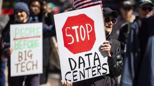 epa12905109 Activists protest the environmental consequences of data center expansion outside a data center conference in Washington, DC, USA, 21 April 2026. Activists equated the centers, which are increasing energy demands across the US, to 'a second coal industry.'  EPA/JIM LO SCALZO