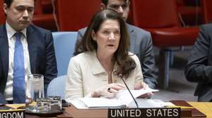 epa12018235 US Ambassador to the United Nations, Dorothy Shea (C), addresses a UN Security Council meeting called following a recent missile strike by Russia on a residential area in Ukraine, at the United Nations headquarters in New York, New York, USA, 08 April 2025.  EPA/JUSTIN LANE