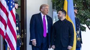 epaselect epa12460753 US President Donald Trump (L) greets Ukrainian President Volodymyr Zelensky as he arrives at the West Wing of the White House in Washington, DC, USA, 17 October 2025. The leaders are scheduled for a working lunch in the Cabinet Room, where President Zelensky is expected to request long-range missiles as part of an arms package.  EPA/SHAWN THEW
