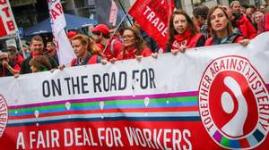 epa11607647 Trade Unions and workers stage a protest against the potential layoffs in the Forest plant of car manufacturer Audi, Brussels, Belgium, 16 September 2024. Audi announced in July that it would restructure its operation in the Forest plant in the Brussels region.  EPA/OLIVIER MATTHYS