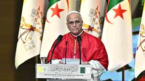 epa12887370 Pope Leo XIV delivers a speech during a meeting with authorities, civil society and diplomatic corps at the 'Djamaa el Djazair' coference center in Algiers, Algeria, 13 April 2026. The Pope has embarked on an eleven-day Apostolic Journey to Africa, with scheduled stops in Algeria, Cameroon, Angola, and Equatorial Guinea.  EPA/LUCA ZENNARO