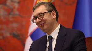 epa11222000 Serbian President Aleksandar Vucic poses for a photo during his meeting with Bavaria State Premier Markus Soeder in Belgrade, Serbia, 15 March 2024. Bavaria State Premier Soeder is visiting Serbia.  EPA/ANDREJ CUKIC