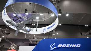 epa11597779 A Boeing drone is on display during the LandForces International Land Defence Exposition at the Melbourne Convention and Entertainment Centre in Melbourne, Australia, 11 September 2024.  EPA/JOEL CARRETT AUSTRALIA AND NEW ZEALAND OUT