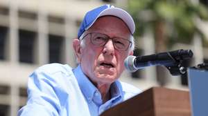 epa12028290 US Senator Bernie Sanders delivers a speech on stage during the 'Fighting Oligarchy Tour' rally at Grand Park in Los Angeles, California, USA, 12 April 2025. Thousands of people attended the rally, at which music artists Neil Young and Joan Baez performed.  EPA/DAVID SWANSON