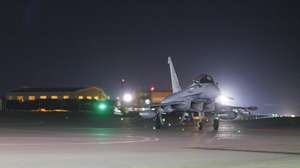 epa11125766 A handout photo made available by the British Ministry of Defence (MOD) shows an RAF Typhoon FGR4 aircraft after returning to the base following strikes against Houthi targets in Yemen, at RAF Akrotiri military airbase, in Akrotiri, Cyprus, 04 February 2024. RAF Typhoon aircraft have conducted a further set of strikes against Houthi military facilities in Yemen involved in their attacks against international shipping in the Red Sea.  EPA/AS1 JAKE GREEN/ROYAL AIR FORCE HANDOUT MANDATORY CREDIT: AS1 JAKE GREEN/ MOD CROWN COPYRIGHT 2024 HANDOUT EDITORIAL USE ONLY/NO SALES HANDOUT EDITORIAL USE ONLY/NO SALES