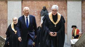 The President of the European Council Antonio Costa (L) accompanied by the rector of the University of Porto Antonio Sousa Pereira (R) during a formal ceremony marking the 115th anniversary of the University of Porto, Portugal, 23 March 2026. JOSE COELHO/LUSA