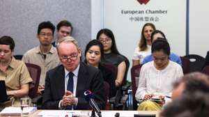 epa13254879 European Chamber of Commerce in China president Jens Eskelund speaks during a press conference where the European Chamber presents its 2026-2027 position paper, in Beijing, China, 22 September 2026.  EPA/WU HAO