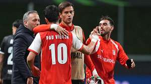 SC Braga players Pau Víctor (L) and Ricardo Horta (R) celebrate after winning 2-0 against Gent at the end of the UEFA Conference League soccer match at Municipal de Braga stadium in Braga, Portugal, 22 October 2026. HUGO DELGADO/LUSA
