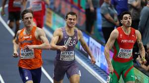 epa12840872 TJ Tomlyanovich (C) of USA, Tony van Diepen (L) of Netherlands and Joao Coelho (R) of Portugal competes in the Men's 4x400m relay at the World Athletics Indoor Championships at the Arena Torun, in Torun, Poland, 22 March 2026.  EPA/Lukasz Gagulski POLAND OUT