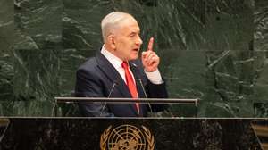 epa13260991 Israel's Prime Minister Benjamin Netanyahu  speaks during the General Debate of the 81st session of the United Nations General Assembly (UNGA) at United Nations Headquarters in New York, New York, USA, 24 September 2026.  EPA/LEV RADIN