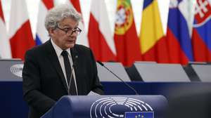 epa10688246 European Commissioner for Internal Market Thierry Breton speaks during a debate on ‘Artificial Intelligence Act’ at the European Parliament in Strasbourg, France, 13 June 2023. The session runs from 12 to 15 June.  EPA/JULIEN WARNAND