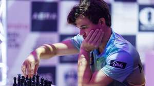 epa11639868 Magnus Carlsen sits down to play against Viswanathan Anand in the first round of Global Chess League Season 2, Ganges Grandmasters against Alpine SG Pipers, at Friends House in London, Britain, 03 October 2024. The Tech Mahindra Global Chess League runs from 03 to 12 October 2024.  EPA/TOLGA AKMEN