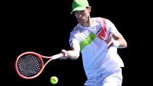 epa11829842 Nuno Borges of Portugal in action during a round 3 match against Carlos Alcaraz of Spain for the Australian Open at Melbourne Park in Melbourne, Australia, 17 January 2025.  EPA/JOEL CARRETT AUSTRALIA AND NEW ZEALAND OUT
