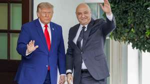 epa13124939 US President Donald Trump (L) welcomes Lebanese President Joseph Aoun (R) as he arrives for an Oval Office meeting at the White House in Washington, DC, USA, 21 July 2026.  EPA/SHAWN THEW