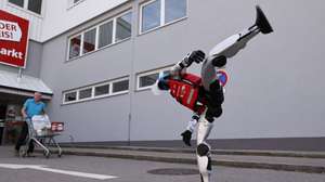 epa12983686 Humanoid robot named ‘Schotti’ that speaks Austrian dialect presents a kick at DIY hardware store Sonderpreis Baumarkt during a press event in Pocking, Germany, 22 May 2026.  Company Labland.ai runs the project at the store with two robots sharing a single routing logic. The humanoid robot is a Unitree G1 U4 operates in supervised mode and its goal is not to replace but to support the employees.  EPA/ANNA SZILAGYI