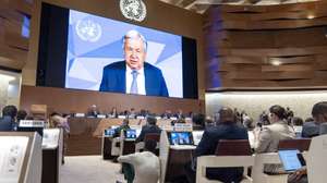 epa12119051 United Nations Secretary-General Antonio Guterres delivers a statement via a video call about the adoption of the WHO Pandemic Agreement, aimed at avoiding a repeat of the mistakes made during the COVID-19 crisis, during the 78th World Health Assembly (WHA78) at the European headquarters of the United Nations in Geneva, Switzerland, 20 May 2025. The Assembly is being held from 19 to 27 May, with this year's theme being 'One World for Health.'  EPA/MAGALI GIRARDIN