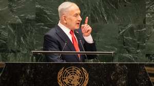 epa13260991 Israel's Prime Minister Benjamin Netanyahu  speaks during the General Debate of the 81st session of the United Nations General Assembly (UNGA) at United Nations Headquarters in New York, New York, USA, 24 September 2026.  EPA/LEV RADIN
