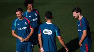 Portugal national team players (L-R) João Palhinha, Renato Veiga, Tomas Aaraujo and Ruben Dias attend a training session ahead of their Uefa Nations League group stage match against Wales, in Oeiras, outskirts of Lisbon, Portugal, 22 September 2026. RODRIGO ANTUNES/LUSA