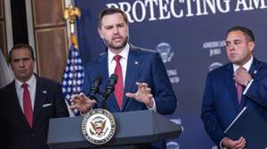 epa13289857 US Vice President JD Vance responds to a question from the news media during a Fraud Task Force press conference at the White House in Washington, DC USA, 08 October 2026. The Trump administration announced the suspension of Microsoft and several other technology companies from a federal labor certification program over alleged abuses involving foreign workers, while also launching investigations into nine universities, including Harvard, Yale and Stanford.  EPA/SHAWN THEW