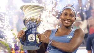 epaselect epa13187820 Coco Gauff of the USA holds the Rookwood Cup Trophy as she celebrates her win over Jessica Pegula of the USA in the women's singles final of the Cincinnati Open tennis tournament in Cincinnati, Ohio, USA, 23 August 2026.  EPA/MARK LYONS