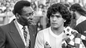 epa08841682 (FILE) - Brazilian soccer legend Pele (L) and Argentinian soccer legend Diego Maradona (R) during the match between Italy and Argentina in Zurich, Switzerland, 10 June 1987 (re-issued on 25 November 2020). Diego Maradona has died after a heart attack, media reports claimed on 25 November 2020. The Argentine soccer great was among the best players ever and who led his country to the 1986 World Cup title before later struggling with cocaine use and obesity. He was 60.  EPA/STR B/W ONLY