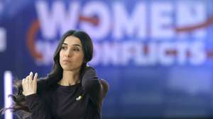 epa10004112 Nobel Peace Prize laureate and UNODC Goodwill Ambassador Nadia Murad attends the second edition of 'Women in Conflicts' at the European Council headquarters in Brussels, Belgium, 09 June 2022. The conference, a continuation of the 'Women in Conflicts' organized in New York in 2021, gathers women leaders and survivors of conflicts.  EPA/OLIVIER HOSLET