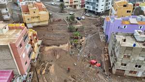 Drone view of damaged cars in a flooded area caused by heavy rains that fell early this morning on the island of São Vicente in Cape Verde, Cidade da Praia, 11 August 2025. The mayor of the island of São Vicente, Cape Verde, today described the intensity of the rains that hit the territory as ‘unprecedented,’ causing seven deaths, several missing persons, and ‘damage never before seen in the region.’ BOB LIMA/LUSA