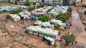 Drone view of damaged cars in a flooded area caused by heavy rains that fell early this morning on the island of São Vicente in Cape Verde, Cidade da Praia, 11 August 2025. The mayor of the island of São Vicente, Cape Verde, today described the intensity of the rains that hit the territory as ‘unprecedented,’ causing seven deaths, several missing persons, and ‘damage never before seen in the region.’ BOB LIMA/LUSA